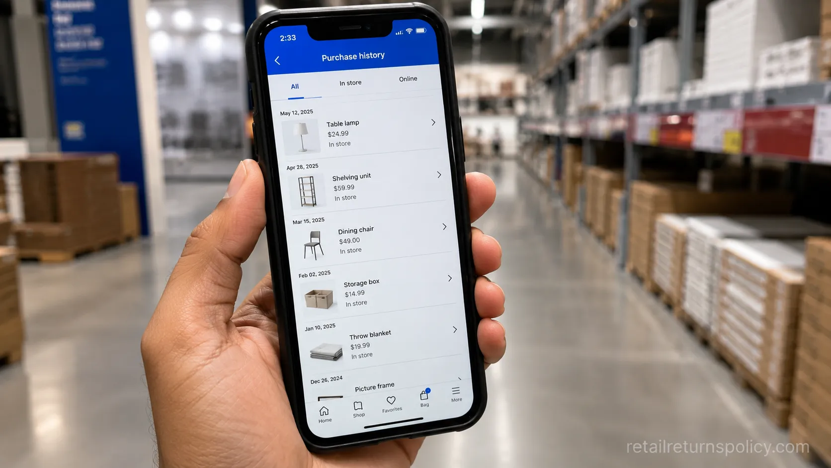 IKEA Family purchase history on a phone used to return an item without a receipt.