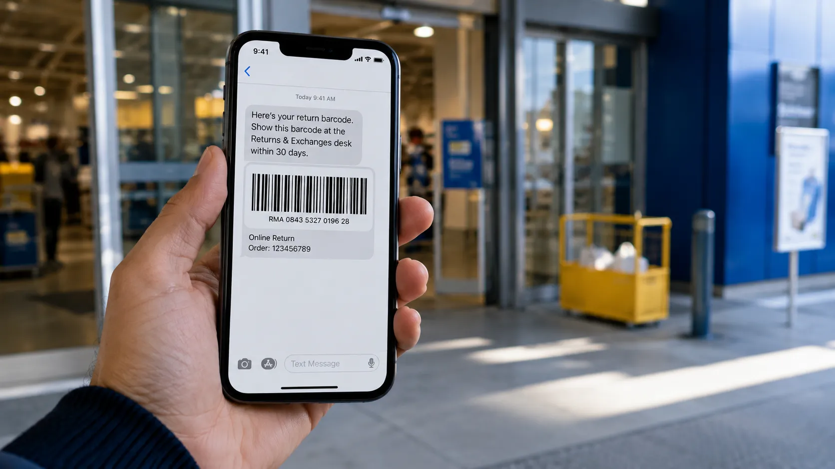 IKEA online return barcode on a phone at a store entrance for a quick drop-off.