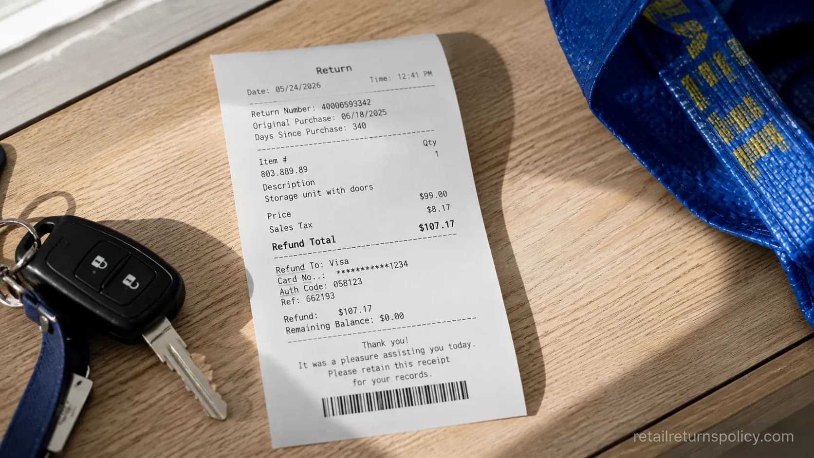 IKEA return receipt showing a full refund within the 365-day IKEA return window.