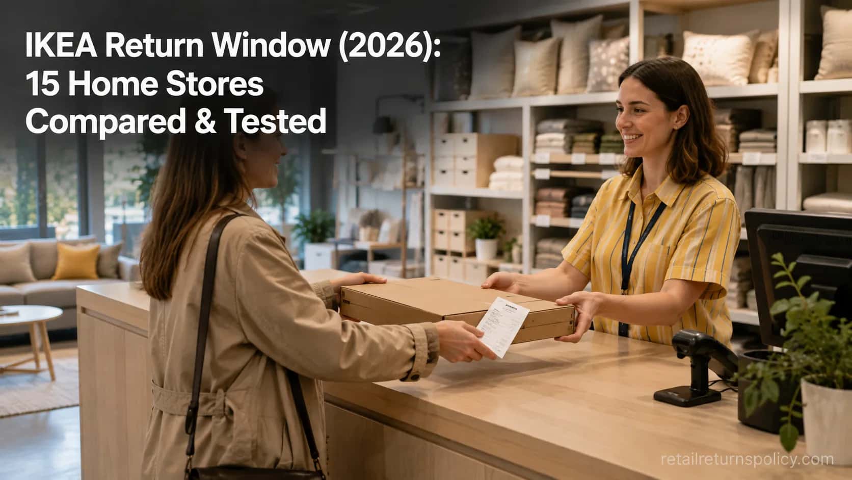 Shopper returning a flat-pack box at a home store counter illustrating the IKEA return window comparison.
