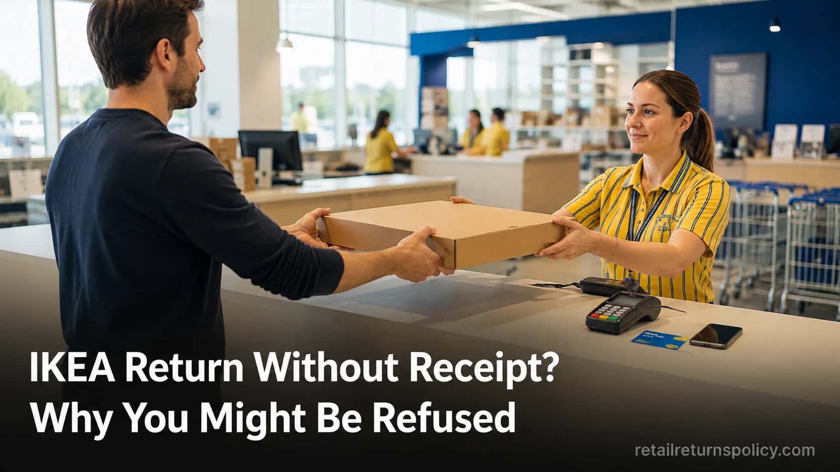 Shopper returning a flat-pack item at an IKEA returns desk without a receipt.