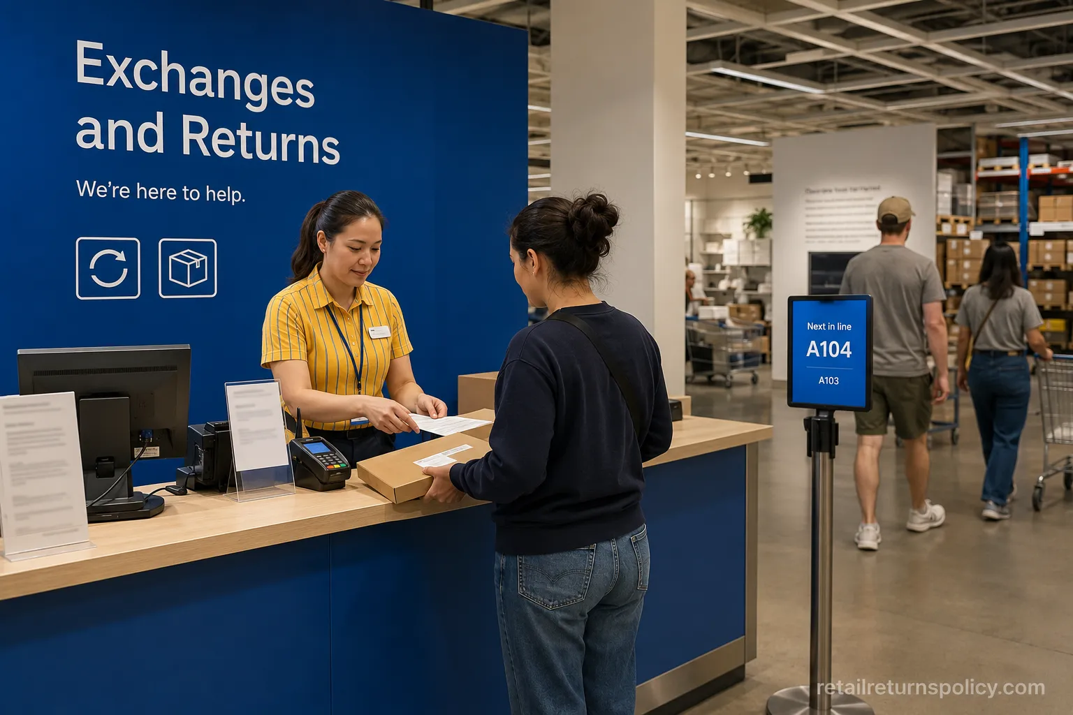 IKEA returns desk where no-receipt returns are processed, July 2026