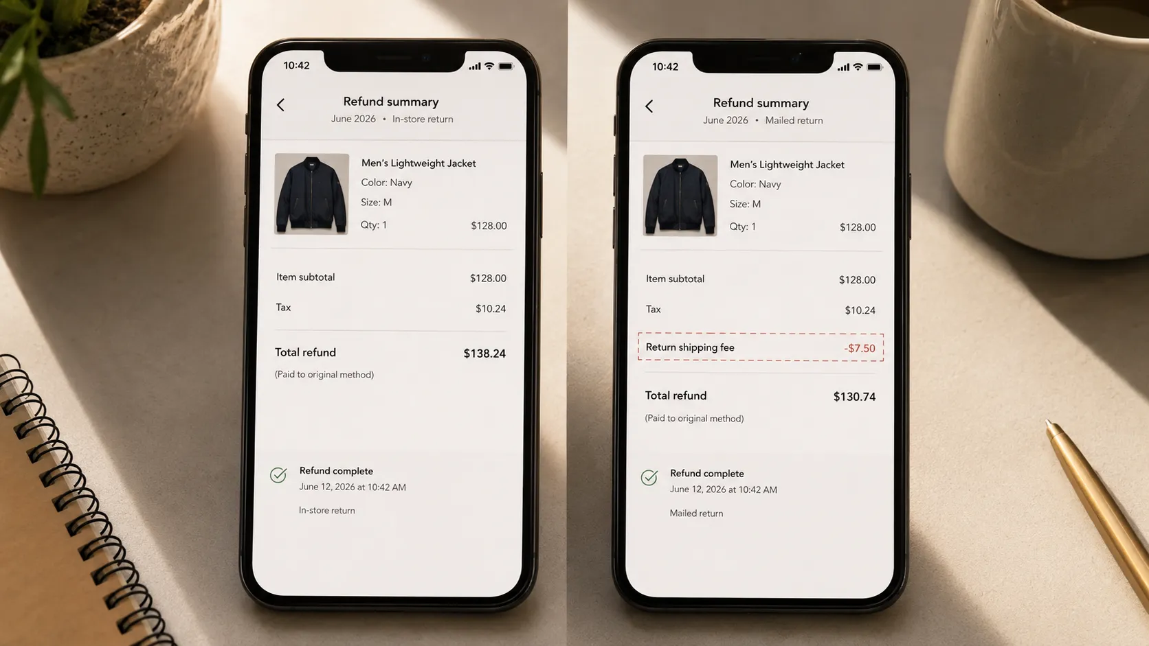 Side-by-side smartphone refund summaries comparing the same jacket returned in store for a full refund and by mail with a return shipping fee deducted, shown as a representative June 2026 illustration