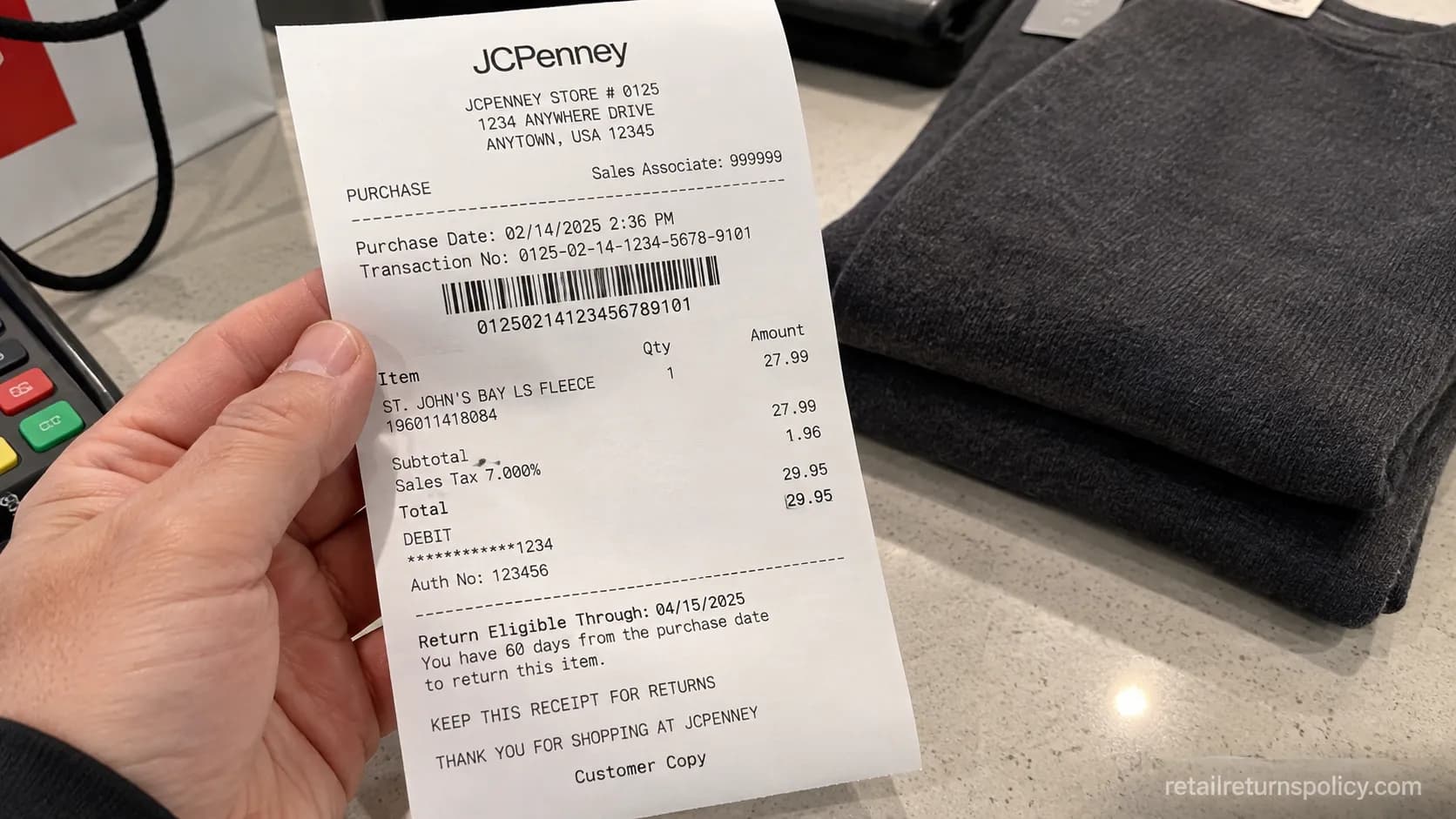 JCPenney store receipt showing the purchase date and 60-day return-eligible window