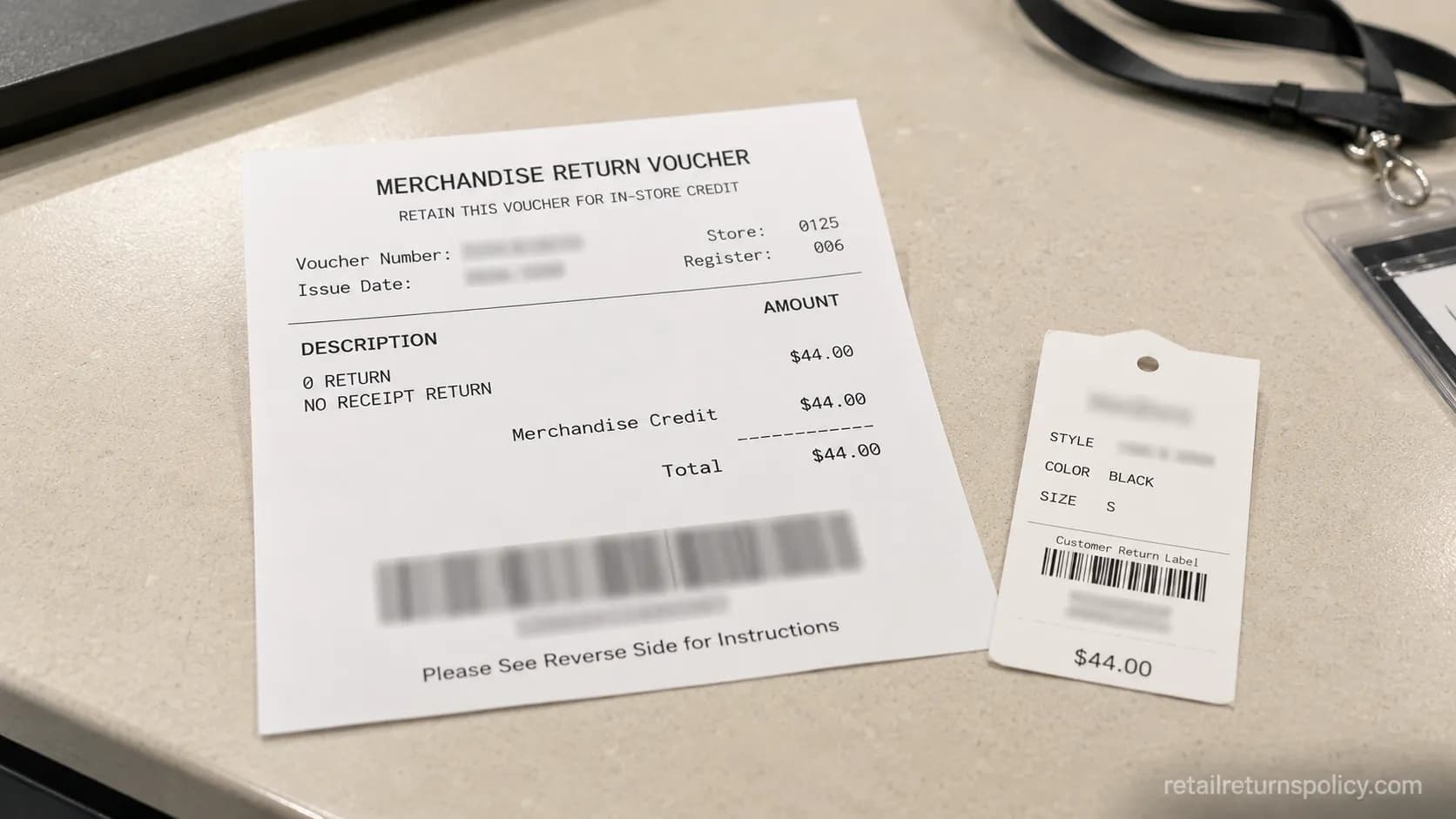 JCPenney Merchandise Return Voucher issued for a no-receipt return beside the item price tag