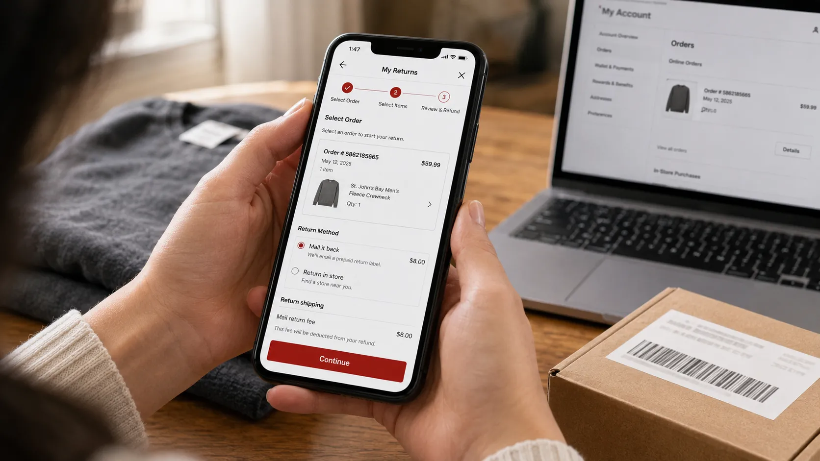 JCPenney online return flow on a phone showing the $8 mail return fee before refund