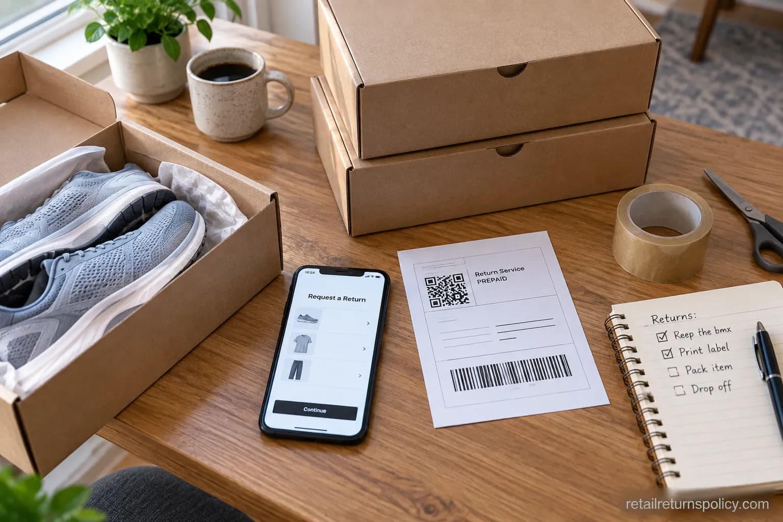 Shoeboxes, a phone return screen and a prepaid label on a desk ready for an online return