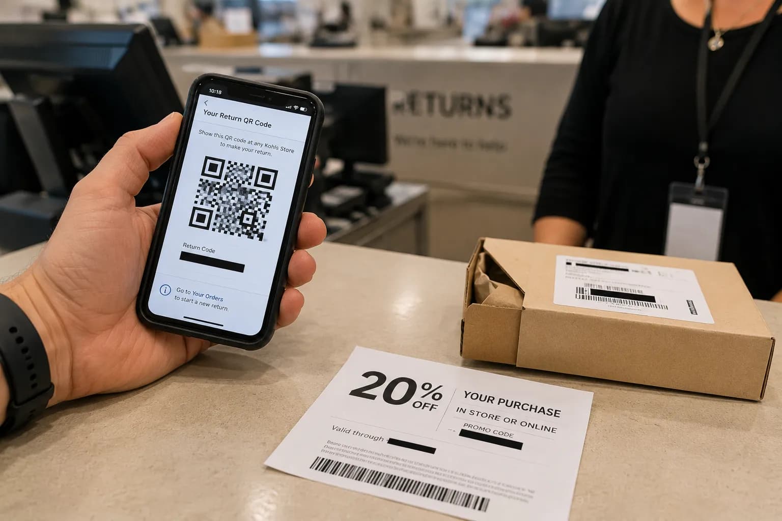Amazon return QR code shown at a Kohl’s counter beside a printed coupon