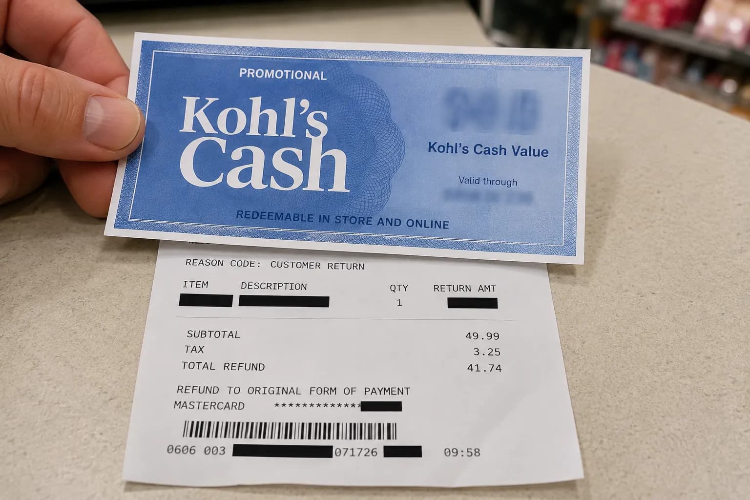 Blue Kohl’s Cash certificate issued after a return on top of an adjusted receipt