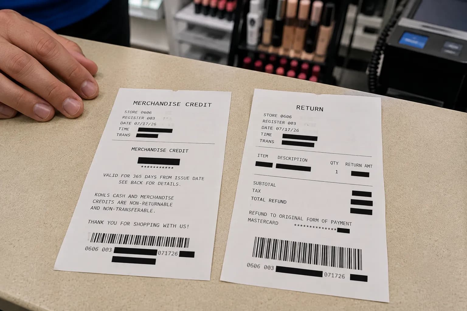 Kohl’s merchandise credit slip next to a card refund from a no-receipt return