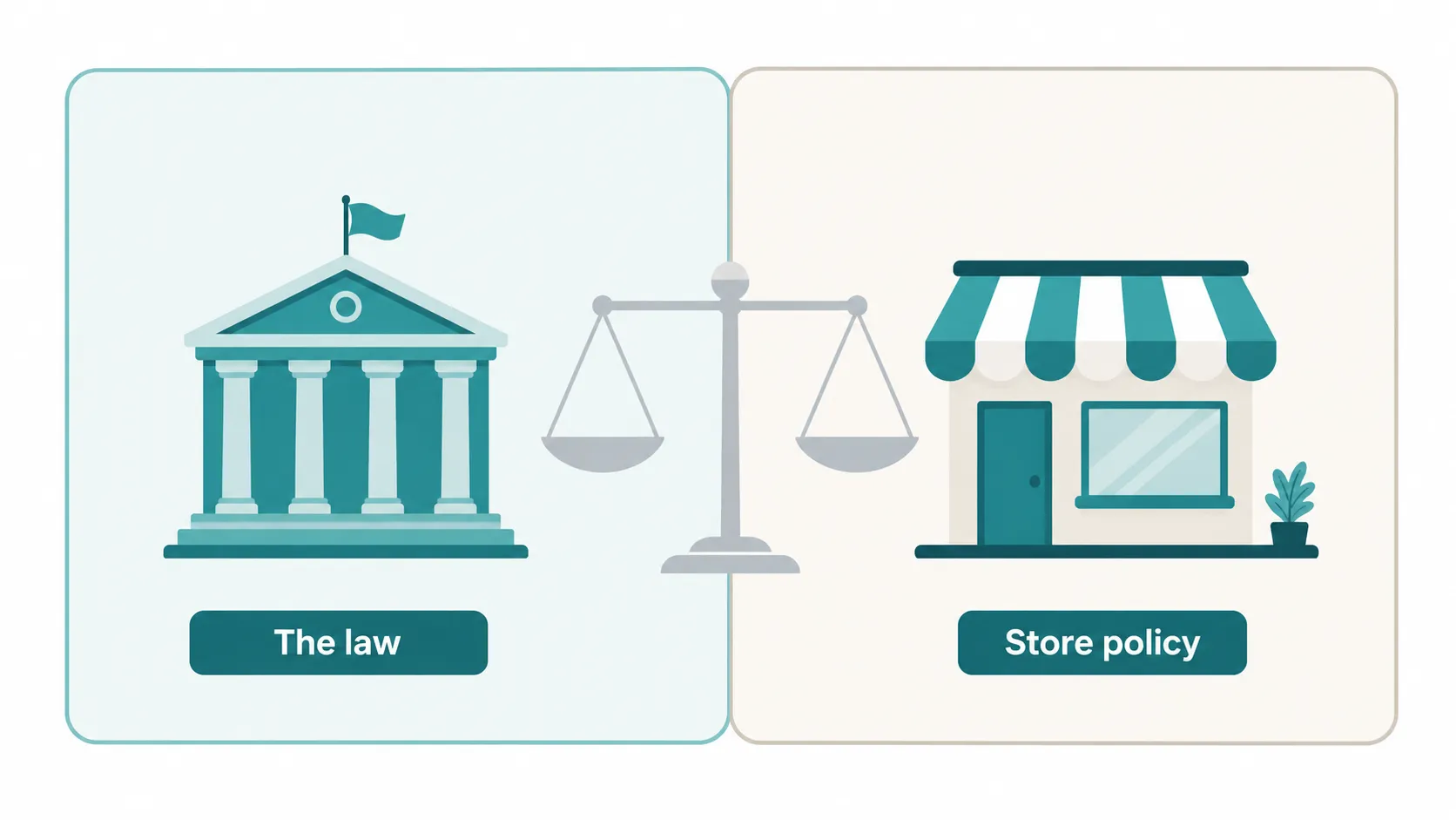 Two-panel comparison graphic showing “The law” with a government building icon on the left and “Store policy” with a storefront icon on the right, connected by balanced scales to illustrate.