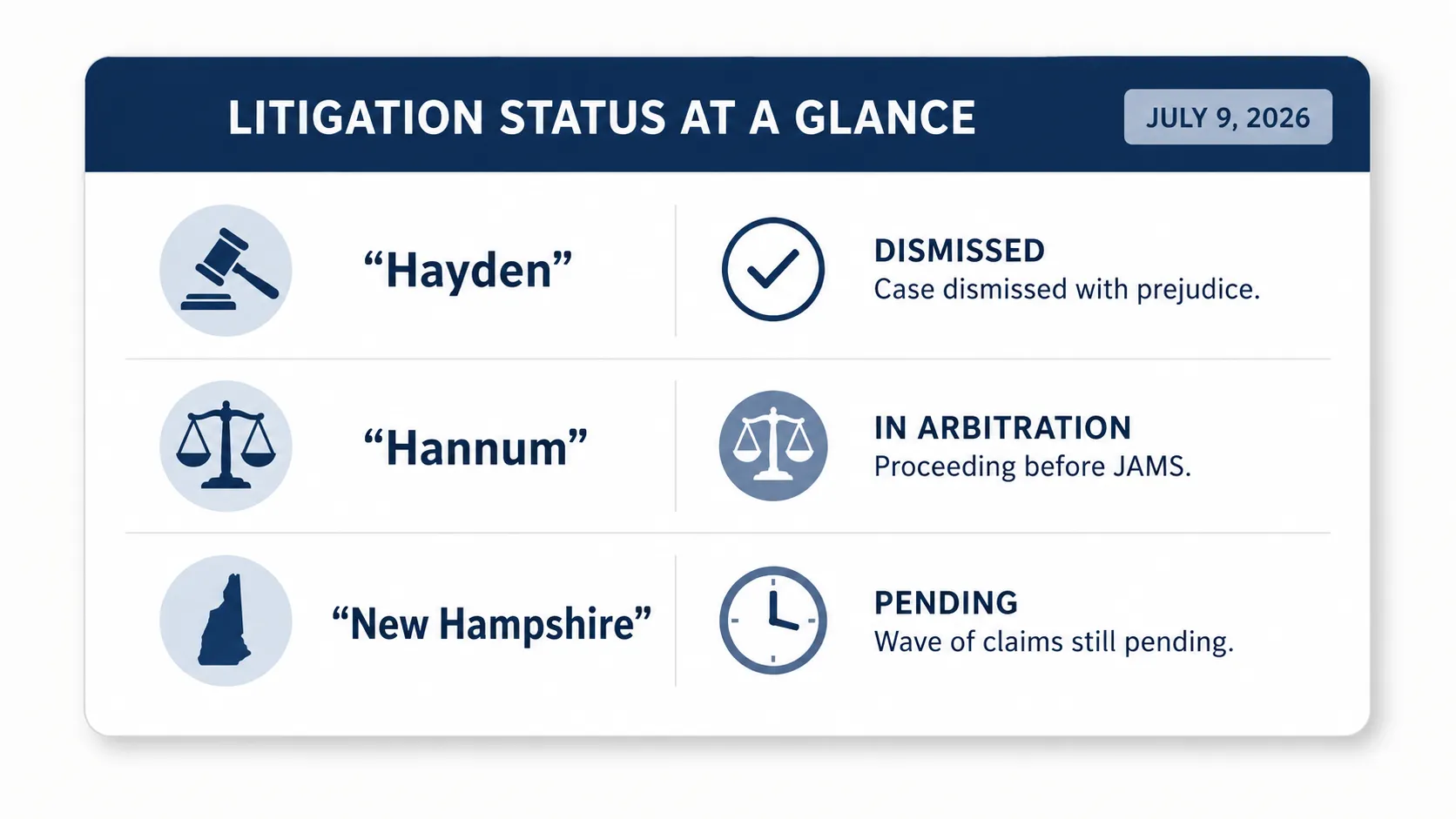 Status card summarizing three litigation fronts: Hayden marked dismissed with a check icon, Hannum shown in arbitration with a scales icon, and New Hampshire marked pending with a clock icon.