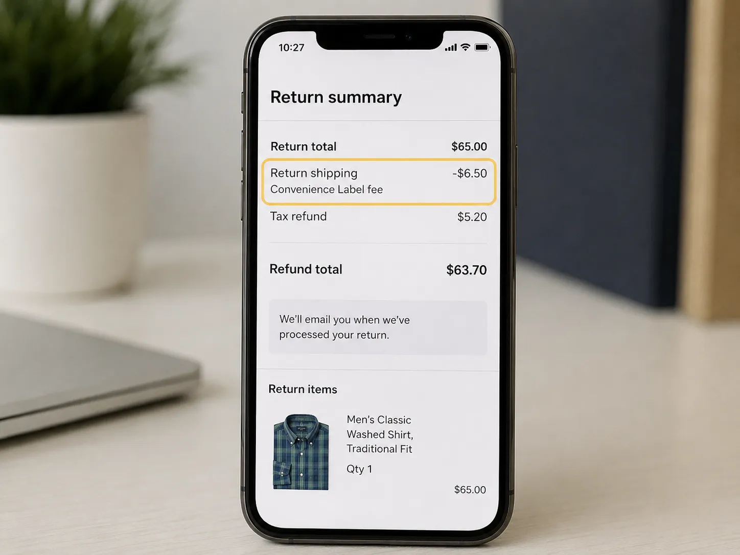 Mobile phone displaying an online return summary with a highlighted $6.50 convenience-label fee deducted from the final refund amount, representing an L.L.Bean return experience from June 2026.