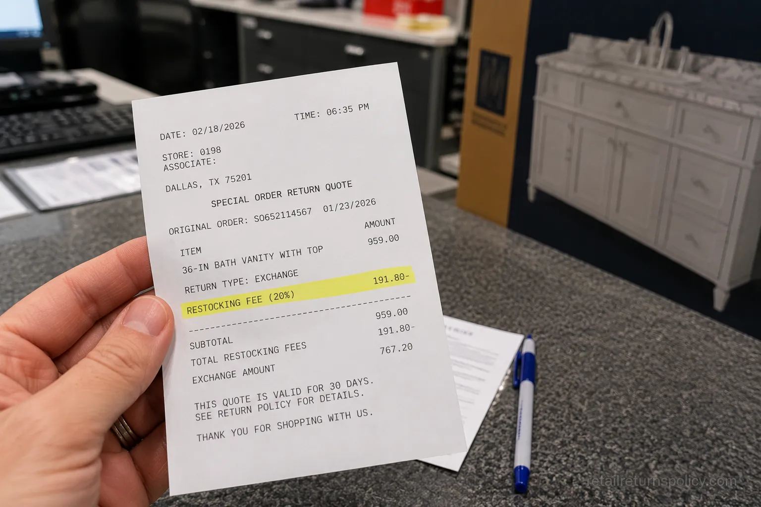 Lowe’s special order exchange quote showing a 20 percent restocking fee.