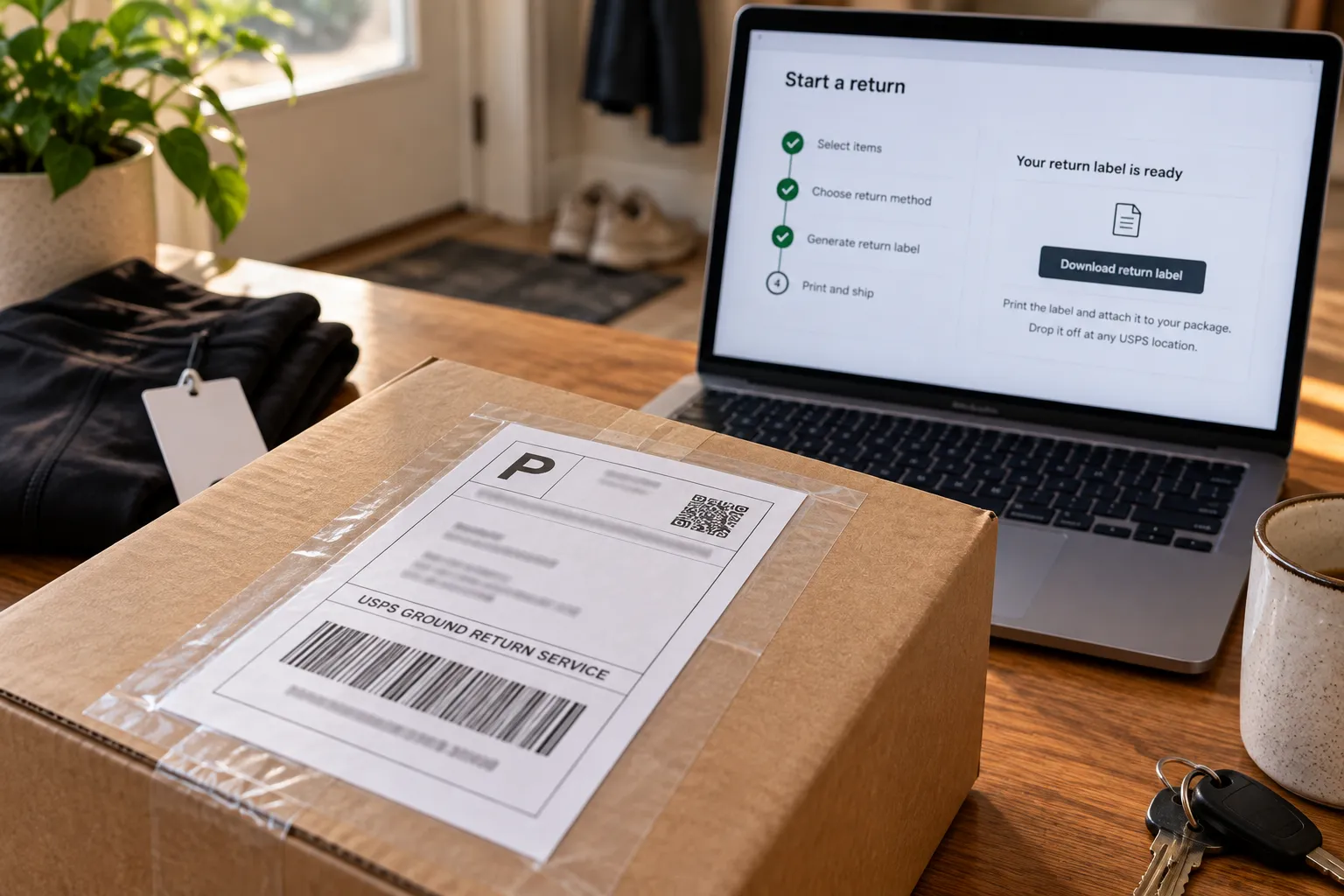 Free prepaid Lululemon return label taped to a cardboard parcel on a table with a returns screen in the background.