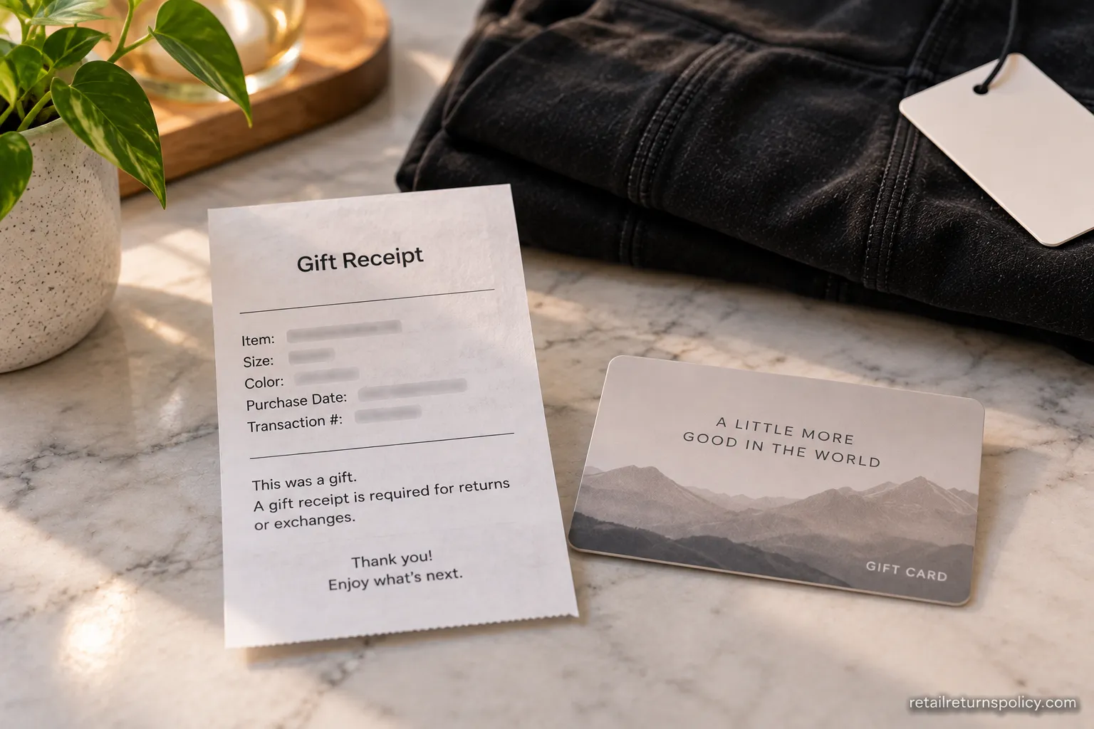 Lululemon gift receipt beside a store gift card credit from a returned gift, order details redacted.
