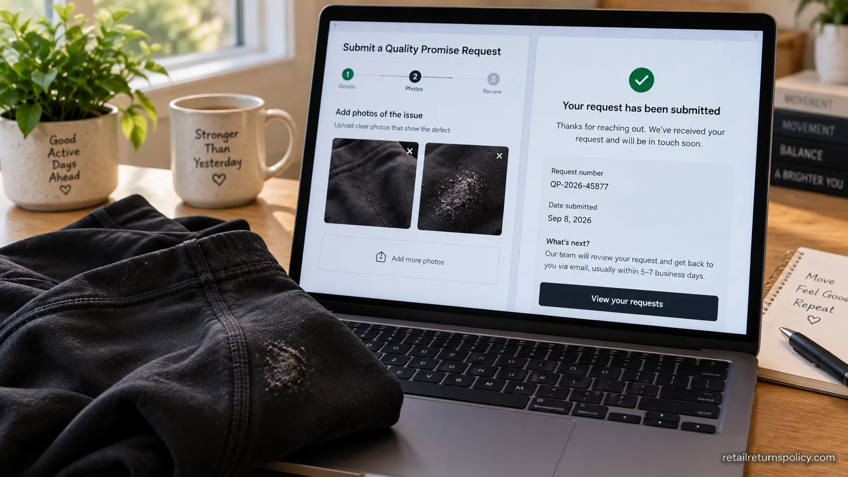 Laptop showing a Lululemon performance-return claim with defect photos beside pilled black leggings on a desk.