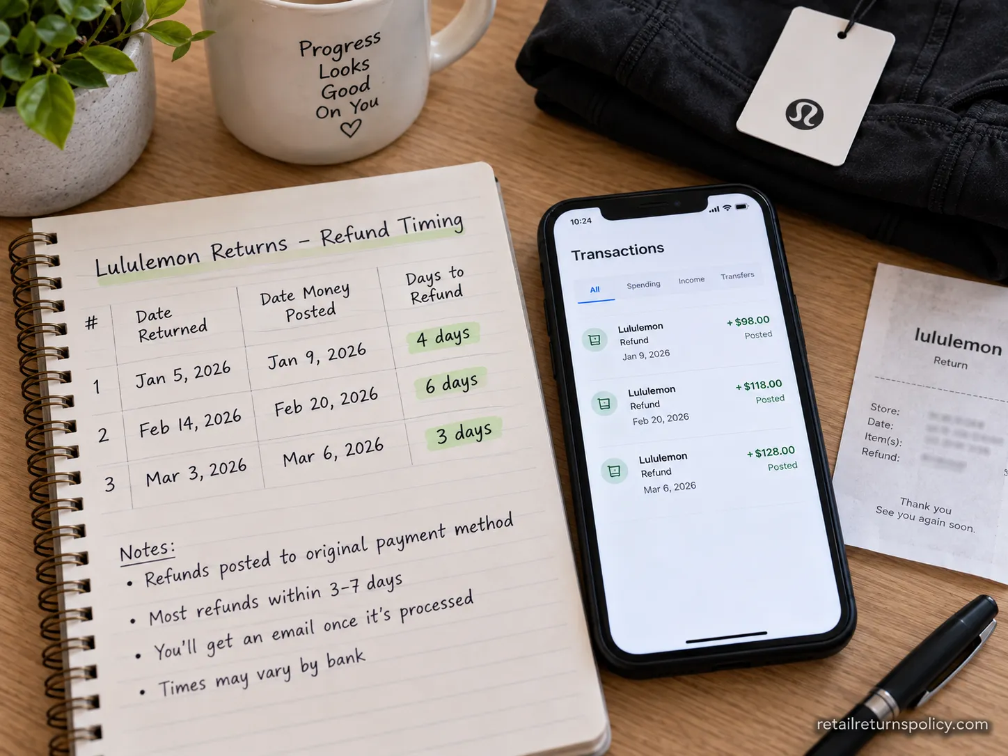 Notebook and bank app comparing return dates and posted refund dates from three real Lululemon returns.