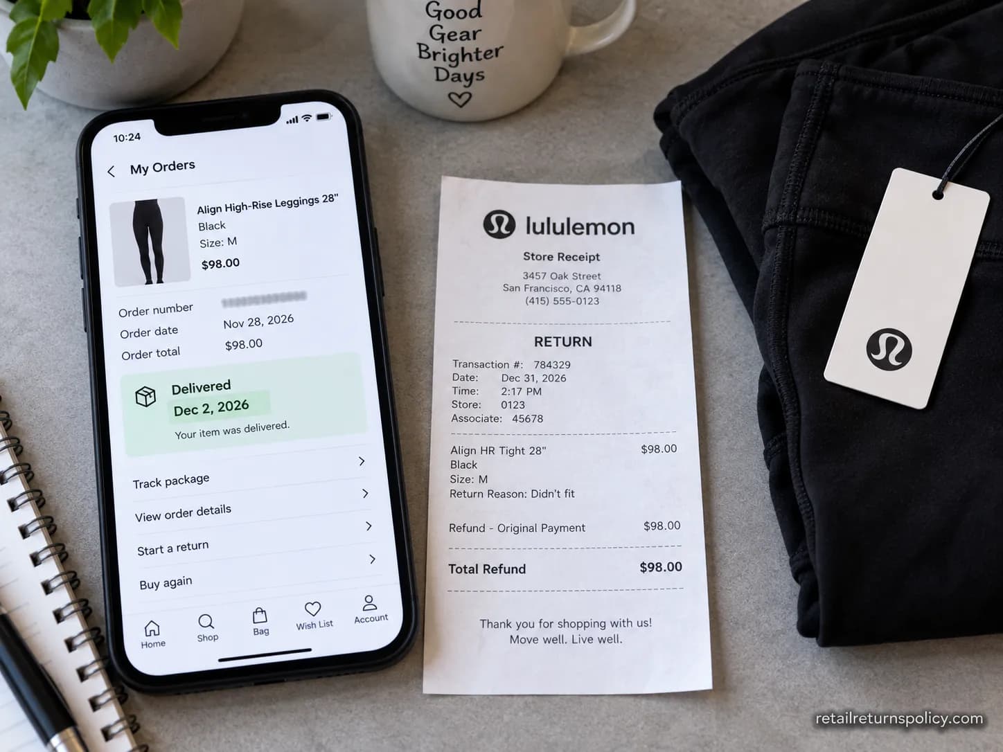 Lululemon order delivery date on a phone beside a dated day-29 in-store return receipt.