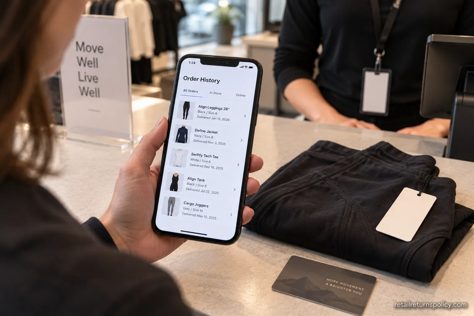 Phone showing a Lululemon account order history used to verify a return made without a receipt at the counter.