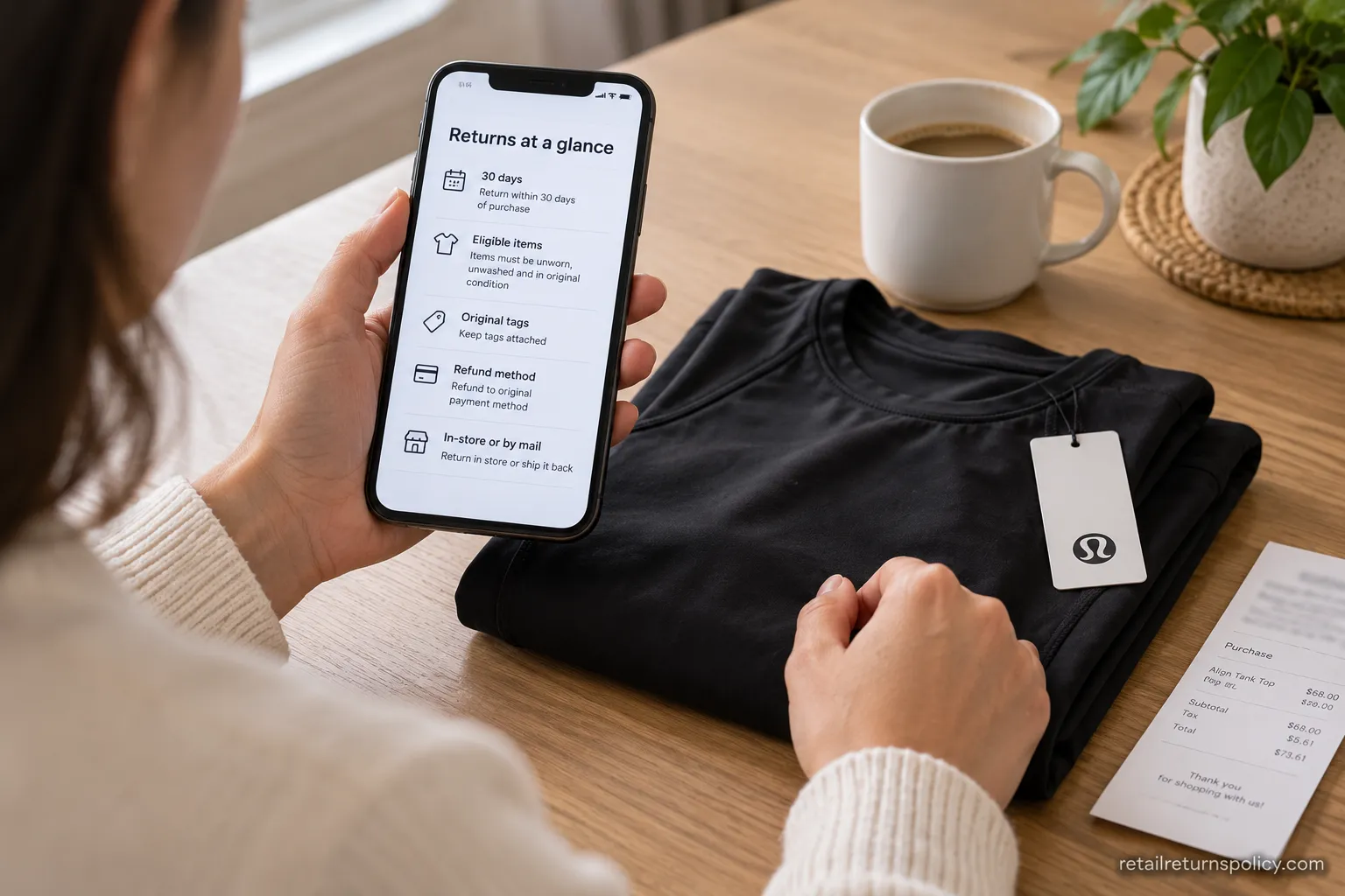 Shopper checking Lululemon return rules on a phone beside a folded activewear top with the hang tag still attached.