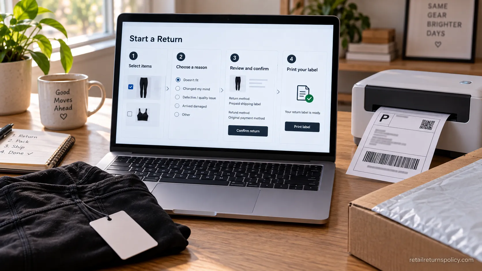 Laptop showing the Lululemon Start a Return flow beside a printer producing a prepaid shipping label and a mailer.