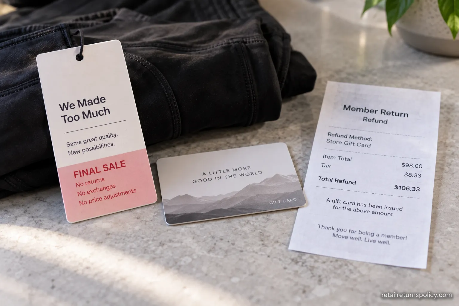 Lululemon We Made Too Much final-sale tag beside a store gift card and refund slip from a member return.