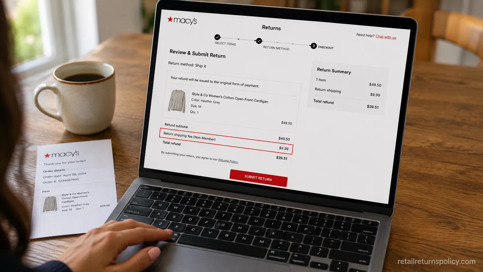 Macy’s $9.99 non-member return shipping fee shown at online checkout.