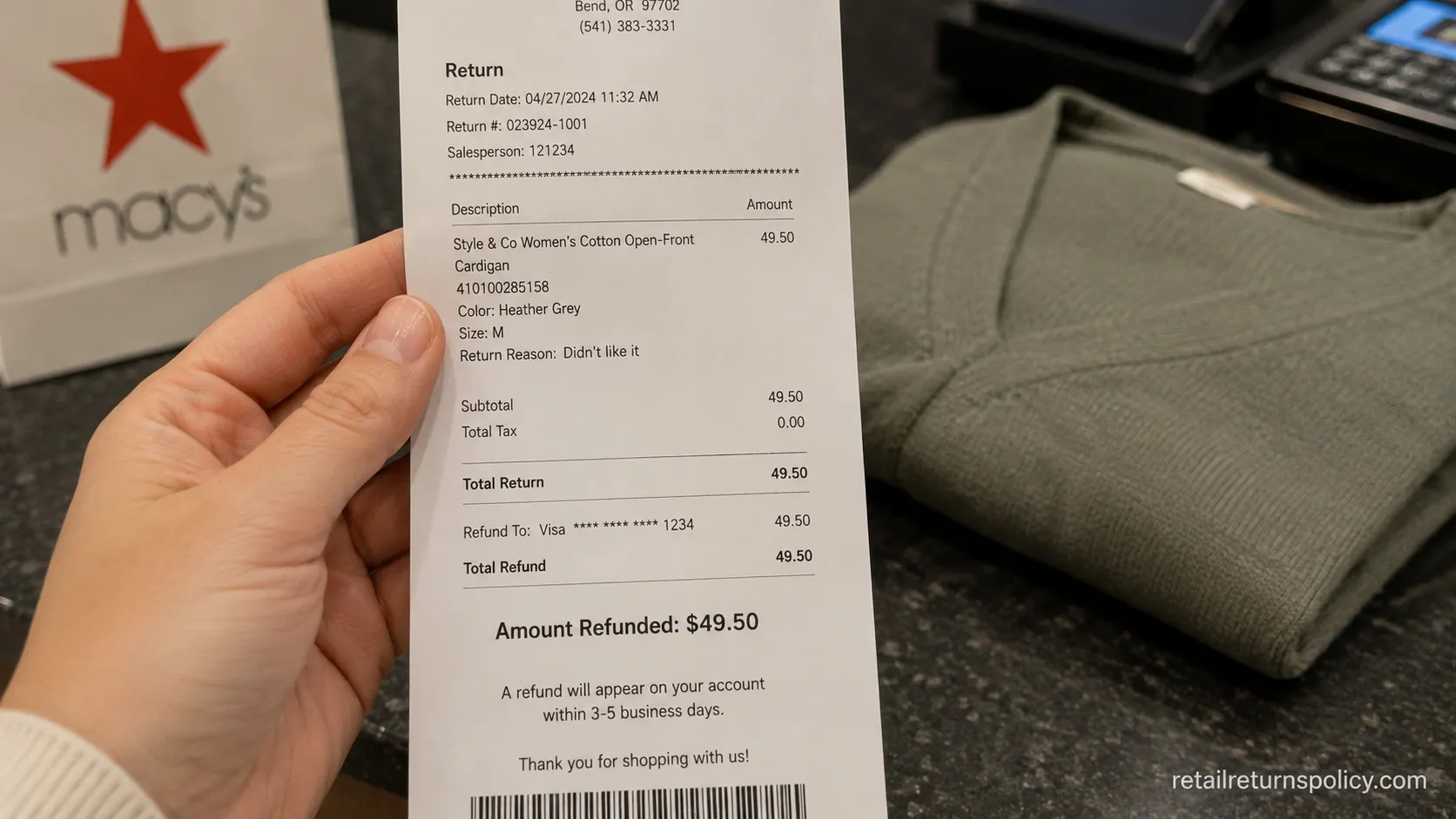 Macy’s in-store return receipt showing a full refund with no shipping fee.
