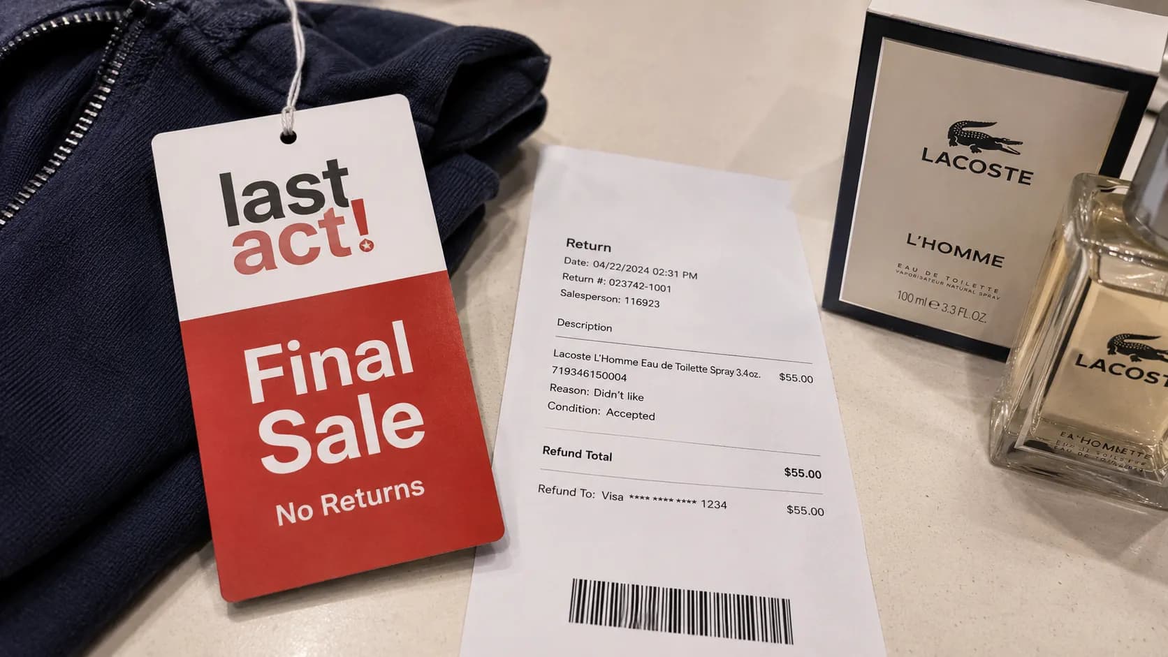Macy’s Last Act final sale clearance tag next to a fragrance return receipt.