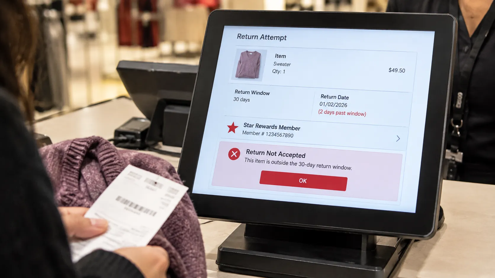 Macy’s return refused past the 30-day window for a Star Rewards member.