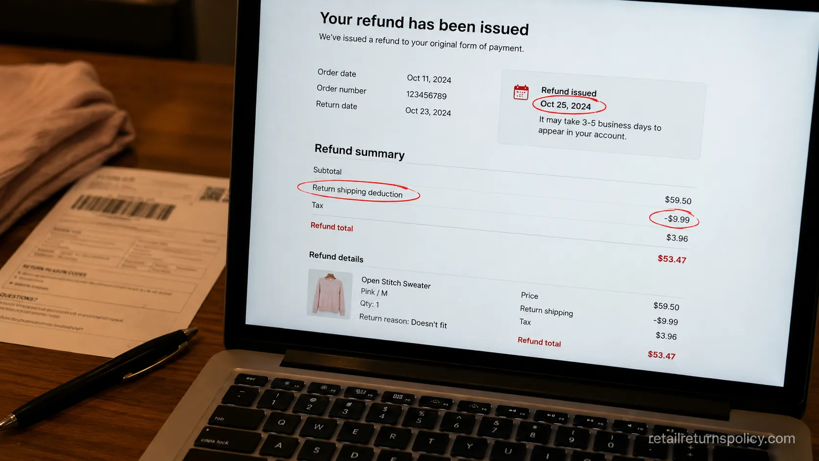 Macy’s online refund summary showing a return shipping fee deducted from the total.