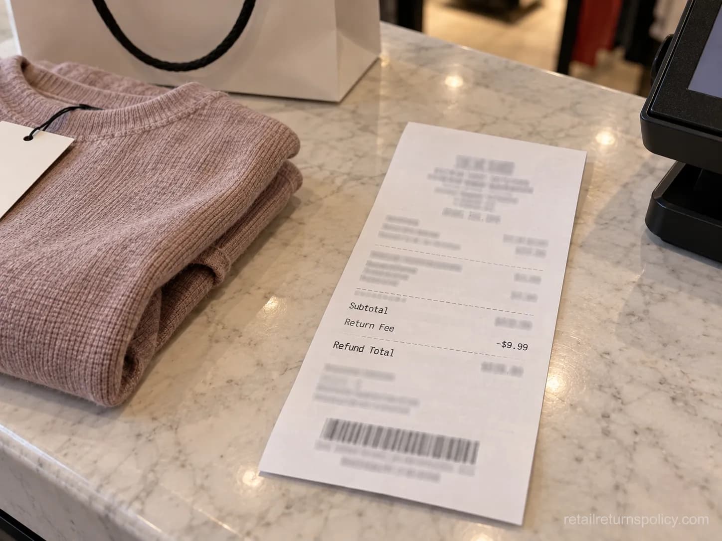 Department store refund receipt on a counter beside a folded garment.