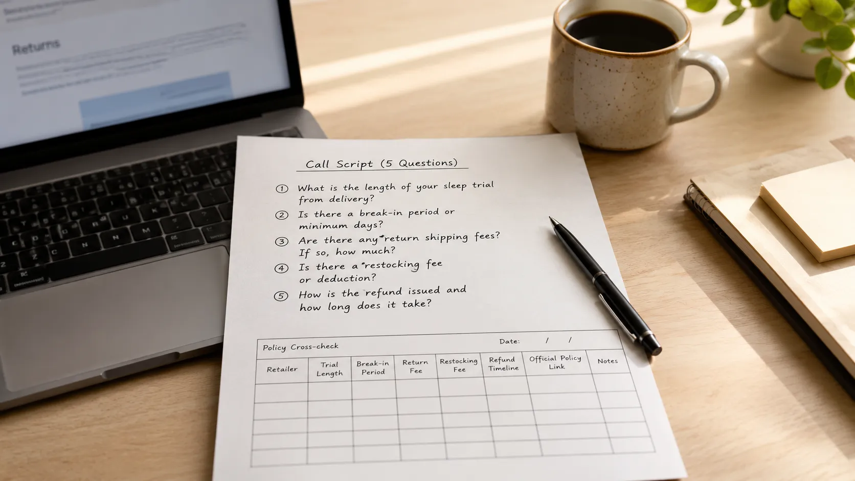 Representative illustration of a printed five-question call script and dated policy cross-check sheet on a desk beside a pen, laptop showing a generic returns page, and coffee cup.