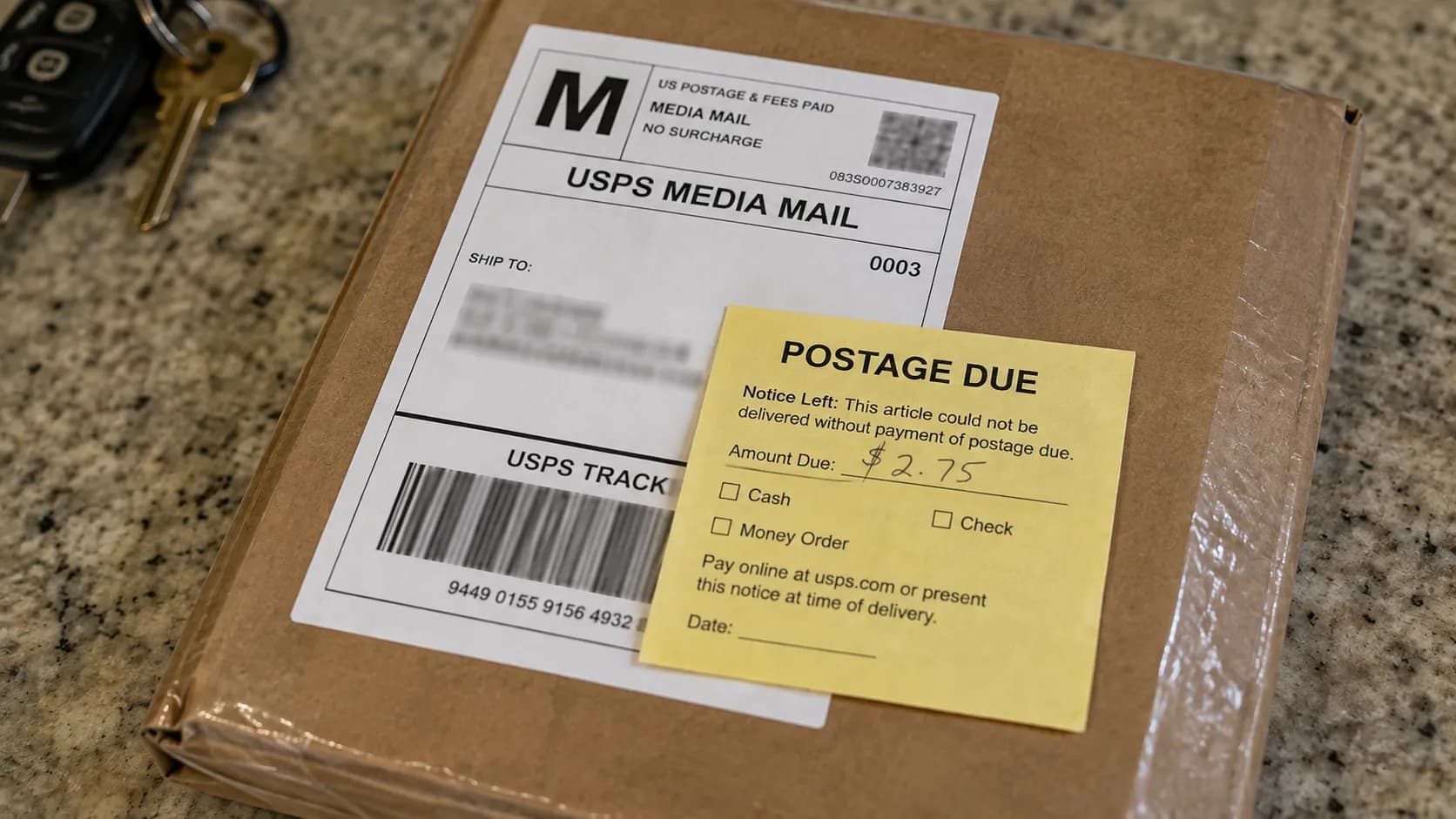 USPS postage due slip on a Media Mail package refused to return to sender