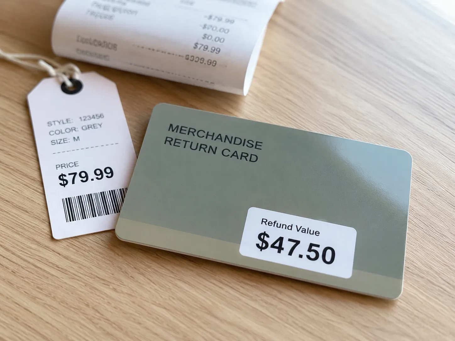 Merchandise return card showing a lower refunded amount beside the original higher-priced merchandise tag, illustrating a refund issued below the purchase price.