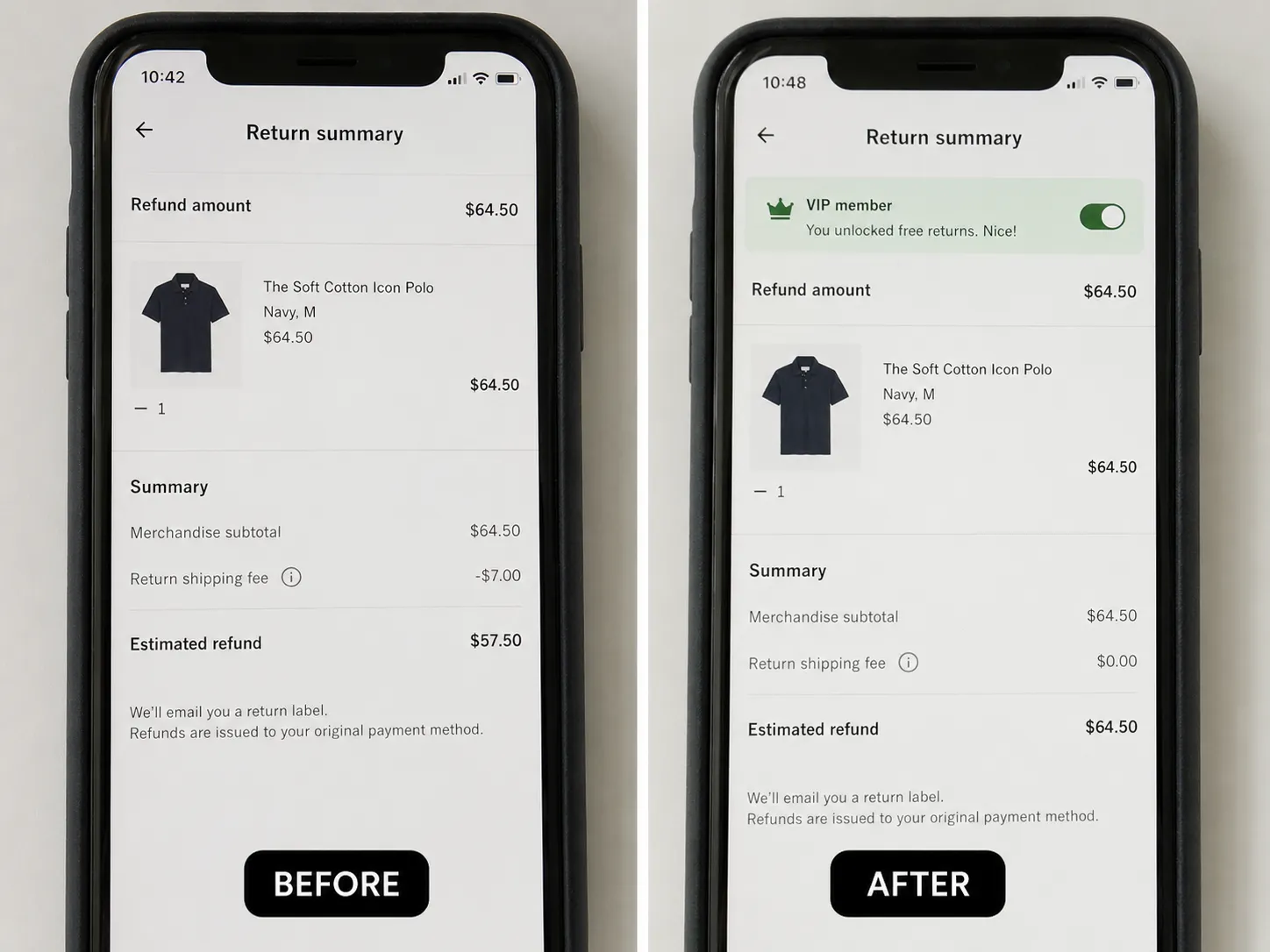 Before-and-after comparison of two return summaries on smartphone screens, showing a $7 return fee before joining the free myAbercrombie VIP tier and the same fee reduced to $0 after membership.
