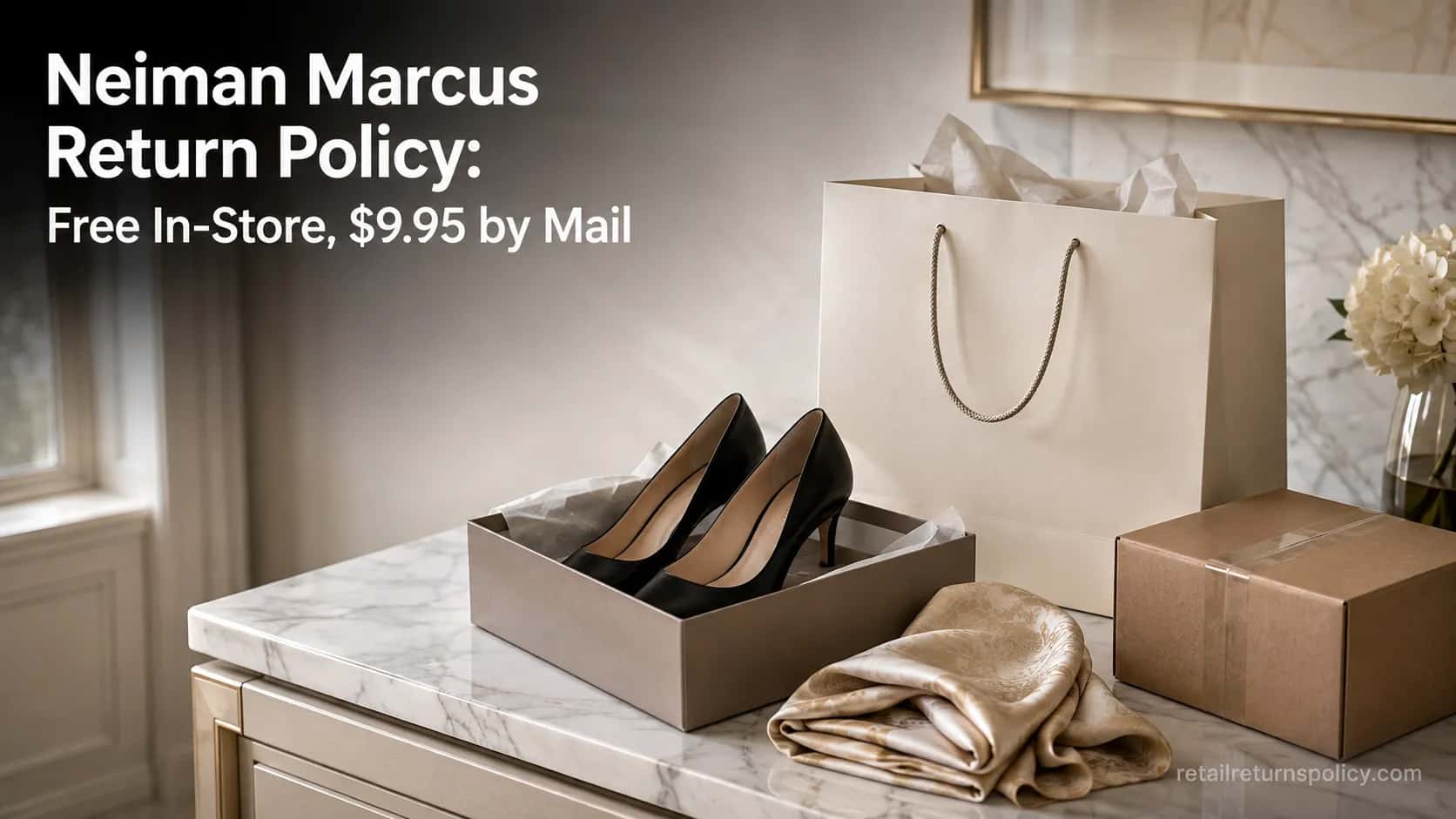 Luxury shopping bag, boxed designer heels, and a silk scarf on marble illustrating the Neiman Marcus return policy.