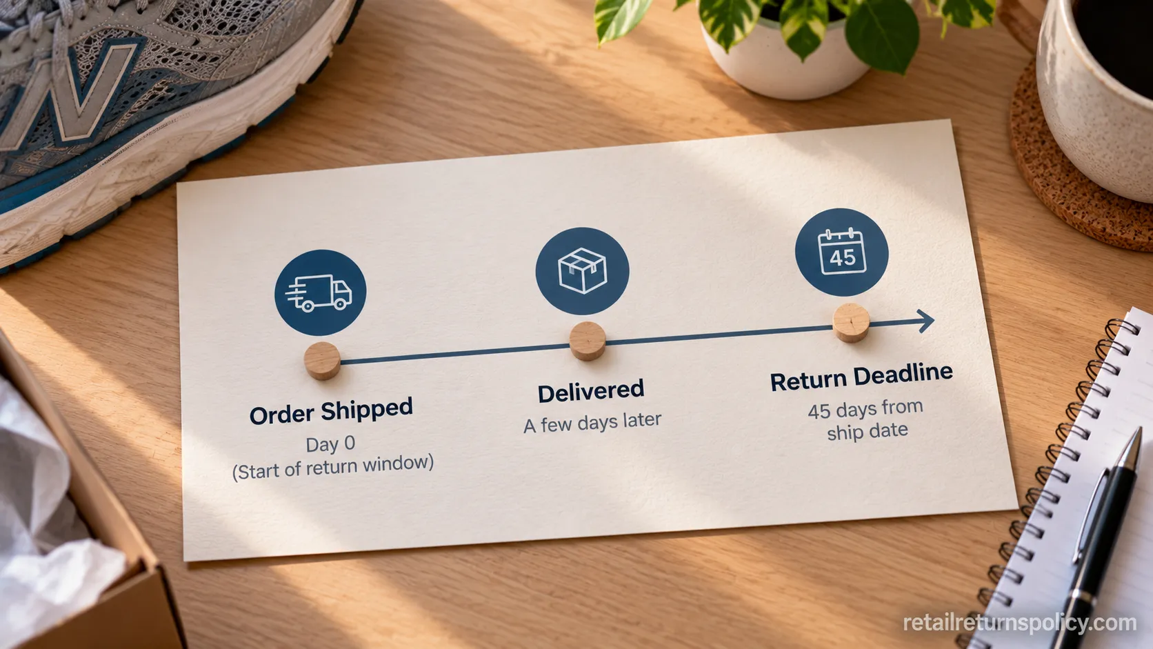Timeline showing the New Balance 45-day return window starting at shipment.