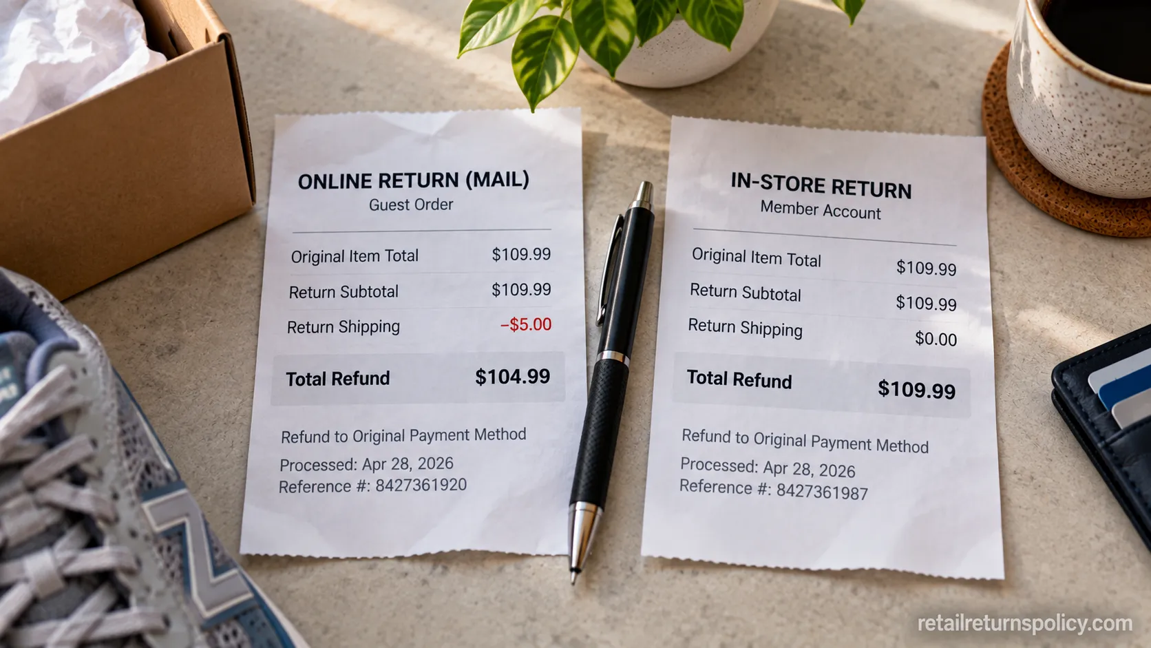 Two New Balance refund receipts showing the $5 non-member restocking fee difference.
