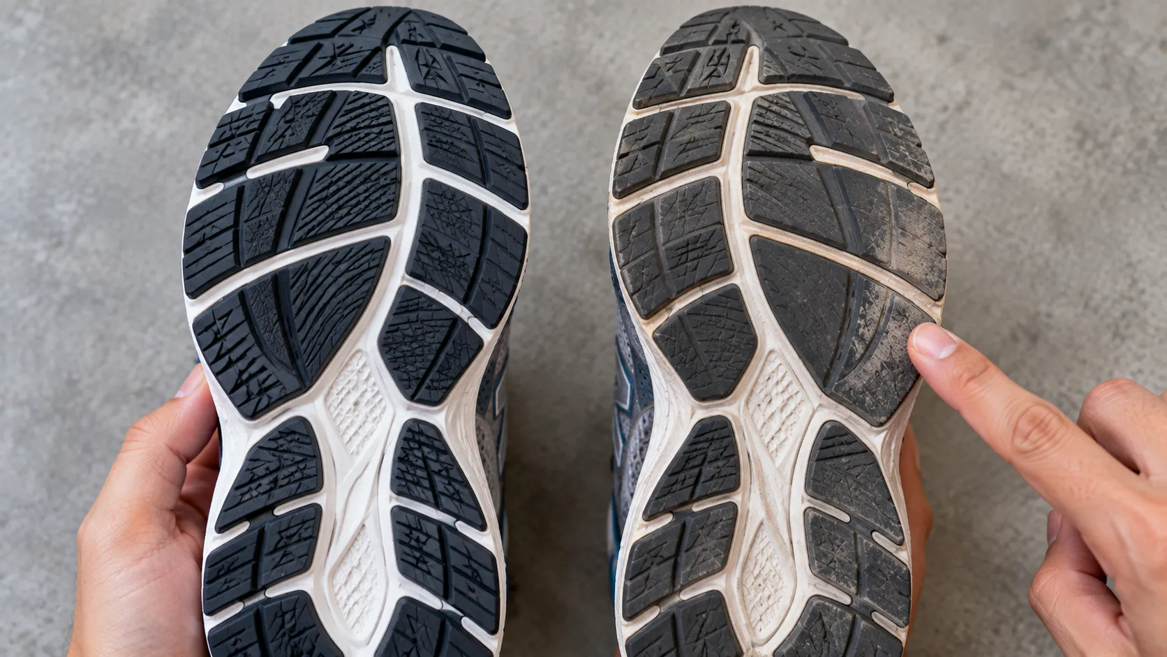 New Balance outsoles showing acceptable versus worn return condition.