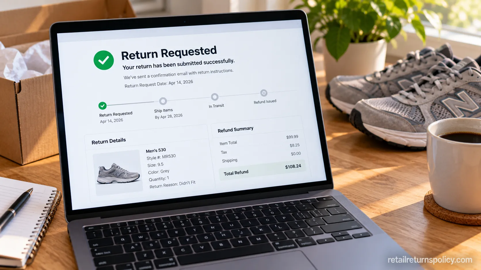 Completed New Balance online return confirmation screen from a tested return.