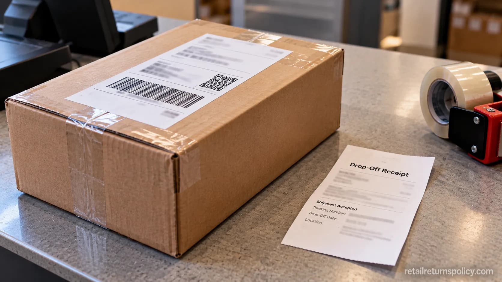 Packed New Balance return box with a carrier drop-off receipt.