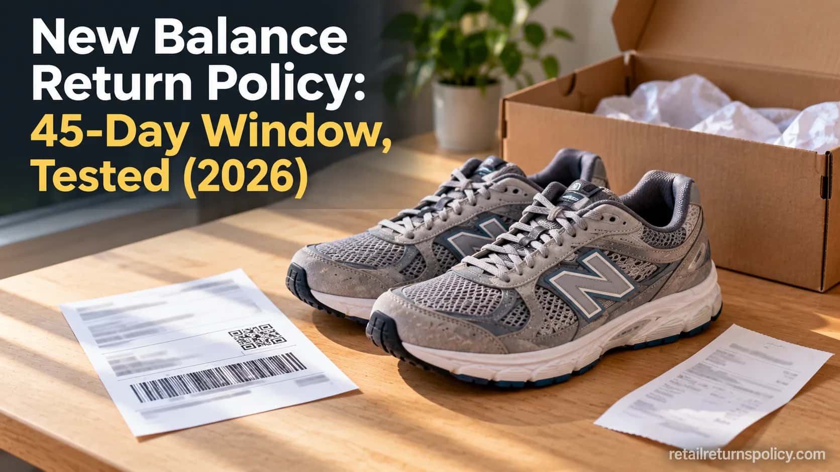 New Balance return policy 2026 guide cover showing shoes, a shipping box, and a return label.