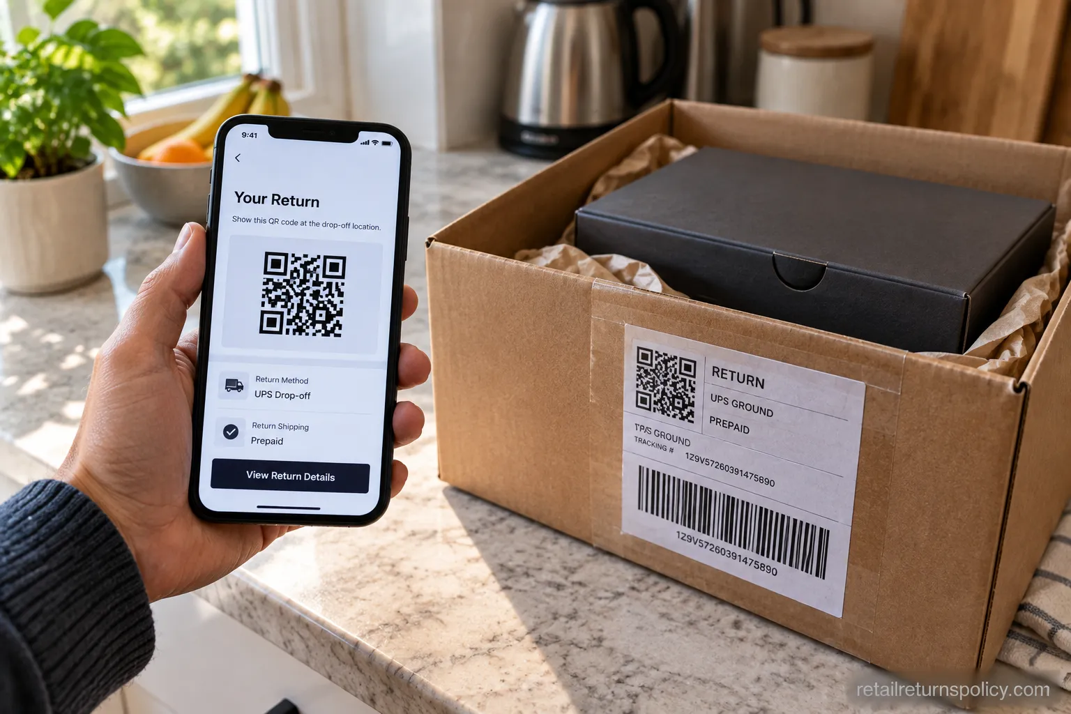 Phone showing an online return QR screen next to a boxed order ready to mail