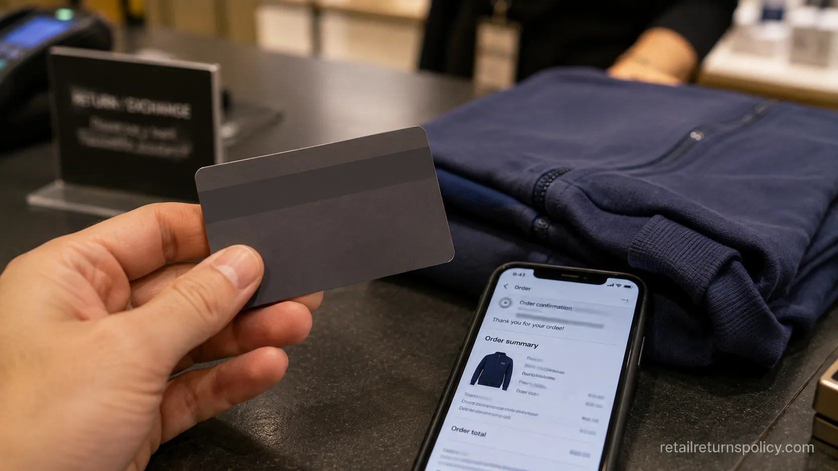 Store credit card issued for a no-receipt online return at a counter.