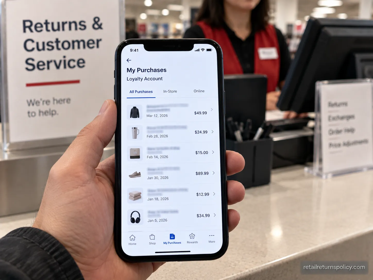 using a store loyalty app to look up a purchase for a no-receipt return at the service desk.