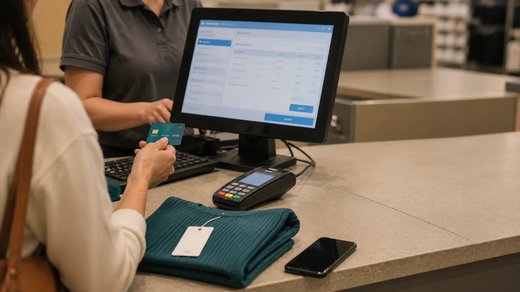 Representative illustration of a shopper making a no-receipt return at a generic retail service desk while an associate searches for the purchase using the payment card on the register, with a folded