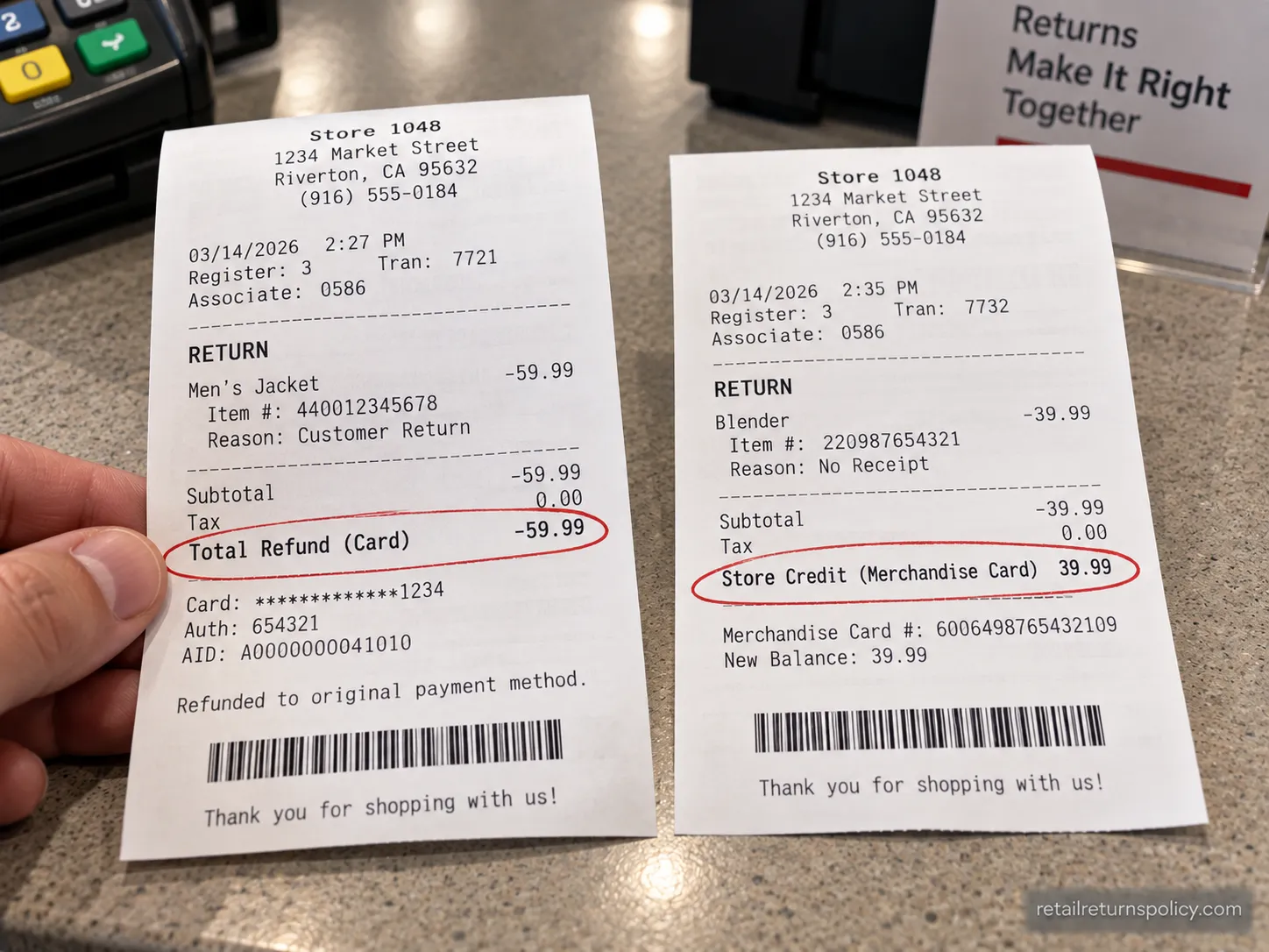 register slips comparing a card refund and a store-credit return without receipt, amounts circled.