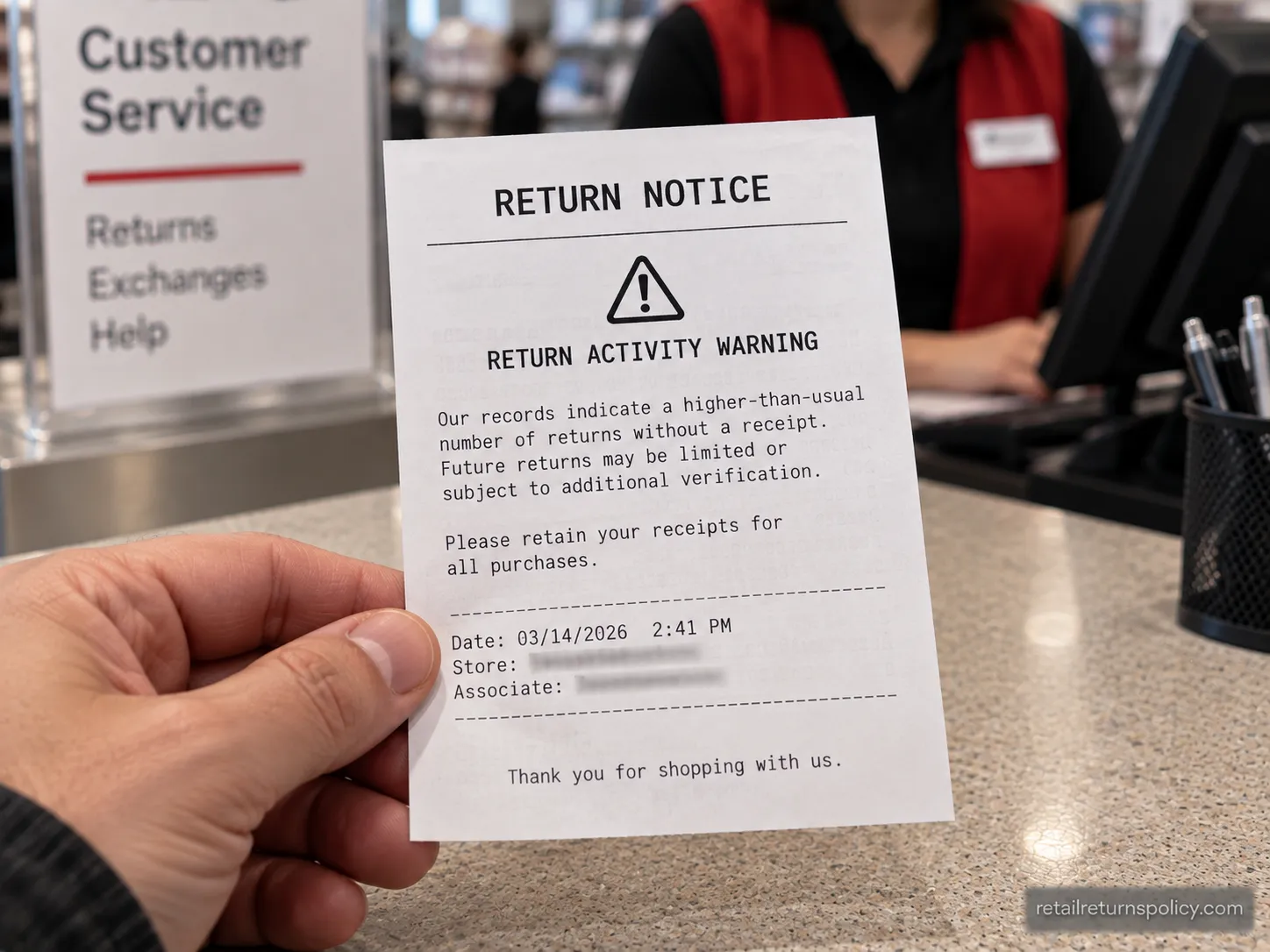printed return warning slip held at a store service desk.